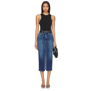Good American Black Tank Top with Blue Denim Midi Skirt
